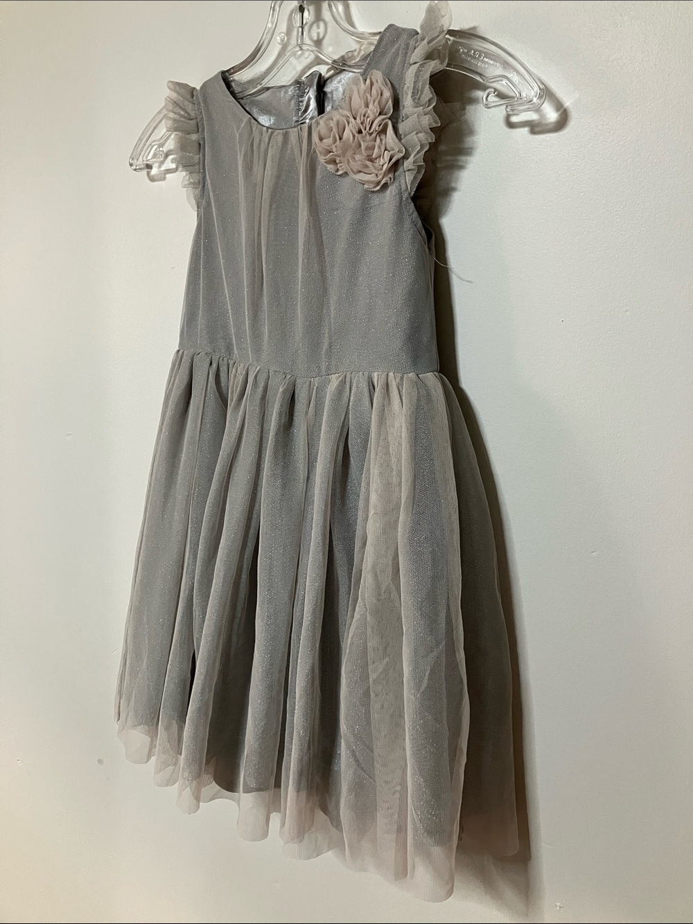 H&M Light Grey Shimmer Tulle Dress Flower Accent Party Size 6 Girl